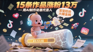 用AI制作幼崽代言人，宝宝的控诉火爆全网，15条作品涨粉13W，单号月入5位数实操教程