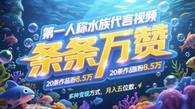 第一人称水族用品品牌代言短视频，一条条万赞，20条著作增粉7.8W，多种多样变现模式月入五位数
