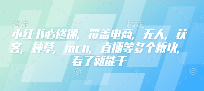 小红书的必修课程，遮盖电子商务，没有人，拓客，种树，mcn，直播间等各个版块，一看就会干
