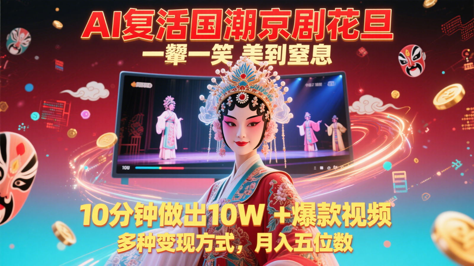 AI复生国潮品牌京剧花旦，一颦一笑美到窒息，10min作出10W 爆款短视频，多种多样变现模式