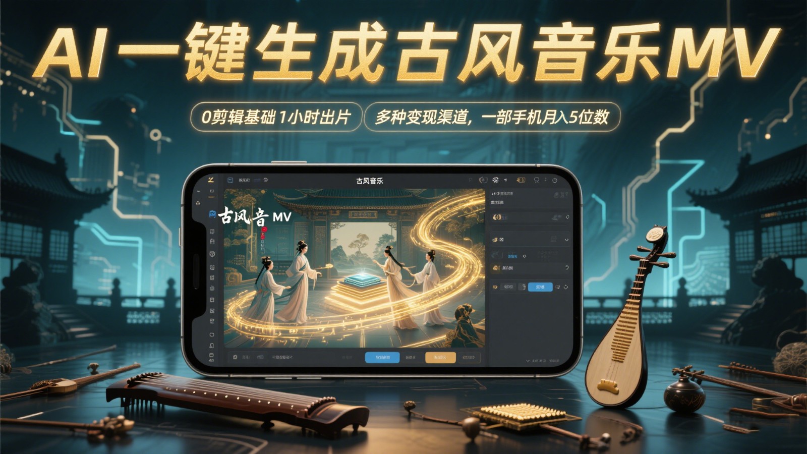 AI一键生成古风音乐MV，0视频剪辑基本1钟头出菲林，多种多样变现渠道，一部手机月入5个数