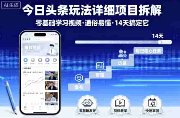 今日头条玩法详细项目拆解，零基础学习视频 通俗易懂 14天搞定它