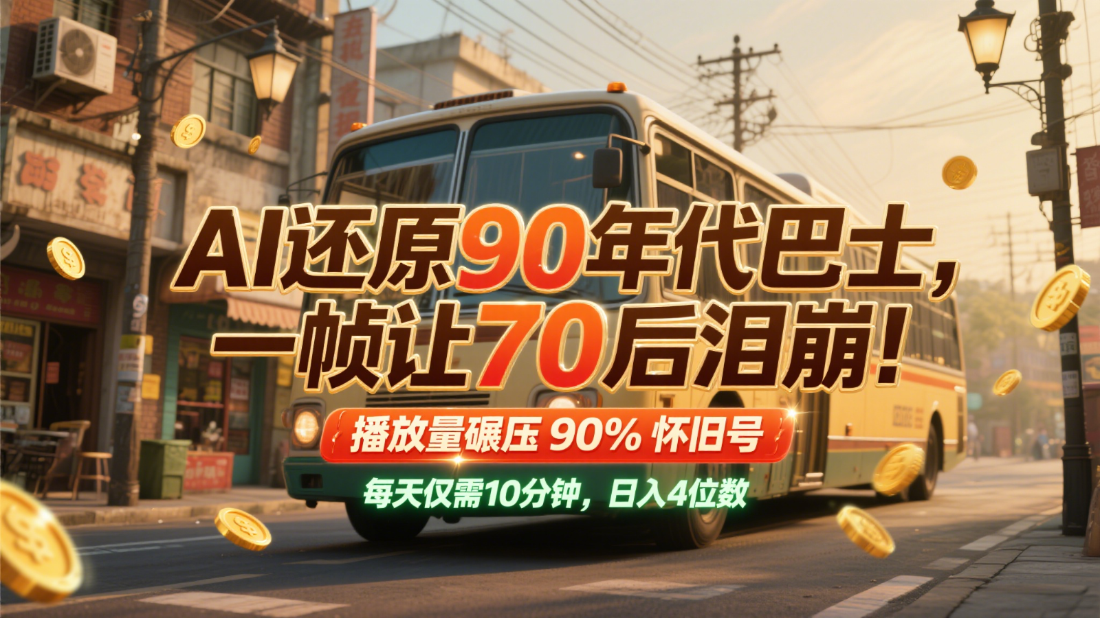 AI复原90时代大巴，一帧让70后泪奔！播放率辗压90%复古号，每日10min，日入4个数