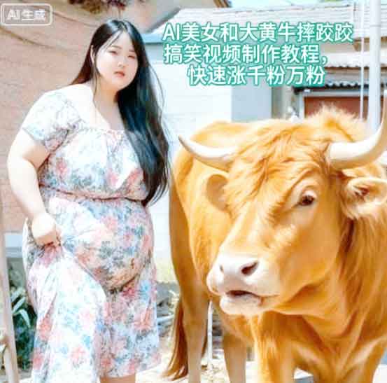 AI美女和大黄牛摔跤搞笑荒诞视频制作教程，快速涨千粉万粉
