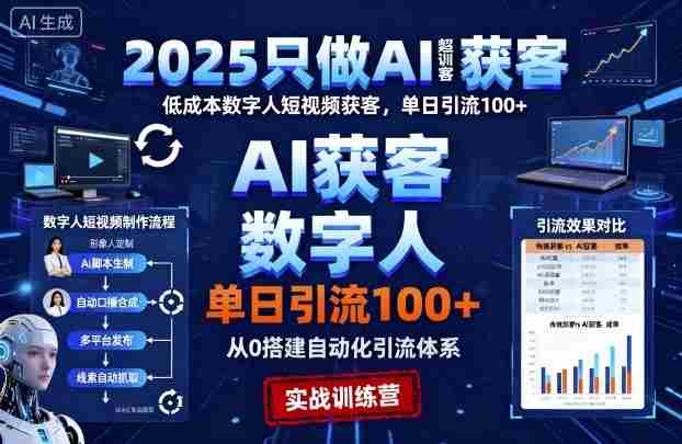 2025只做AI获客，AI超级获客实训营，低成本数字人短视频获客，单日引流100+