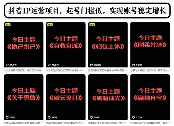 抖音IP运营项目，抖音今日主题玩法，起号门槛低，实现账号稳定增长