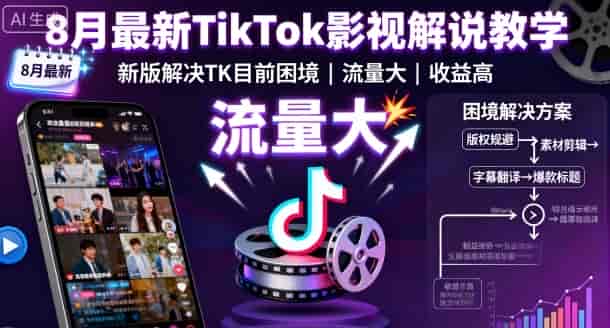 8月最新TikTok影视解说教学，新版解决TK目前困境，流量大，收益高