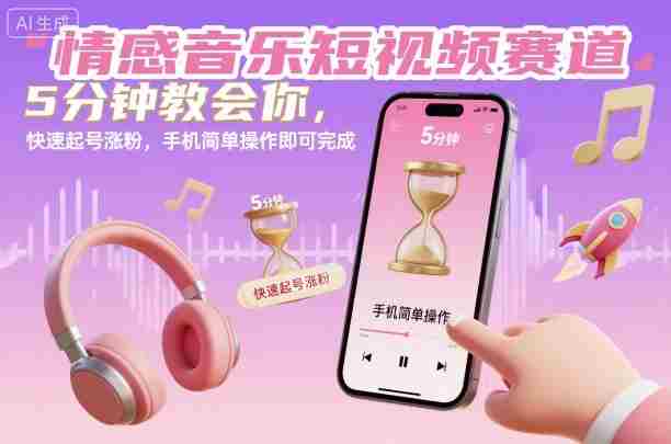 情感音乐短视频赛道，5分钟教会你，快速起号涨粉，手机简单操作即可完成