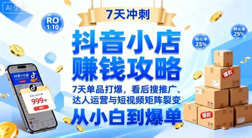 抖音小店赚钱攻略：7天单品打爆技巧，看后搜推广、达人运营与短视频矩阵裂变实战
