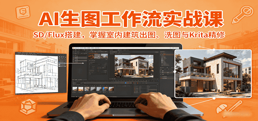 AI生图工作流实战课：SD/Flux搭建，掌握室内建筑出图、洗图与Krita精修
