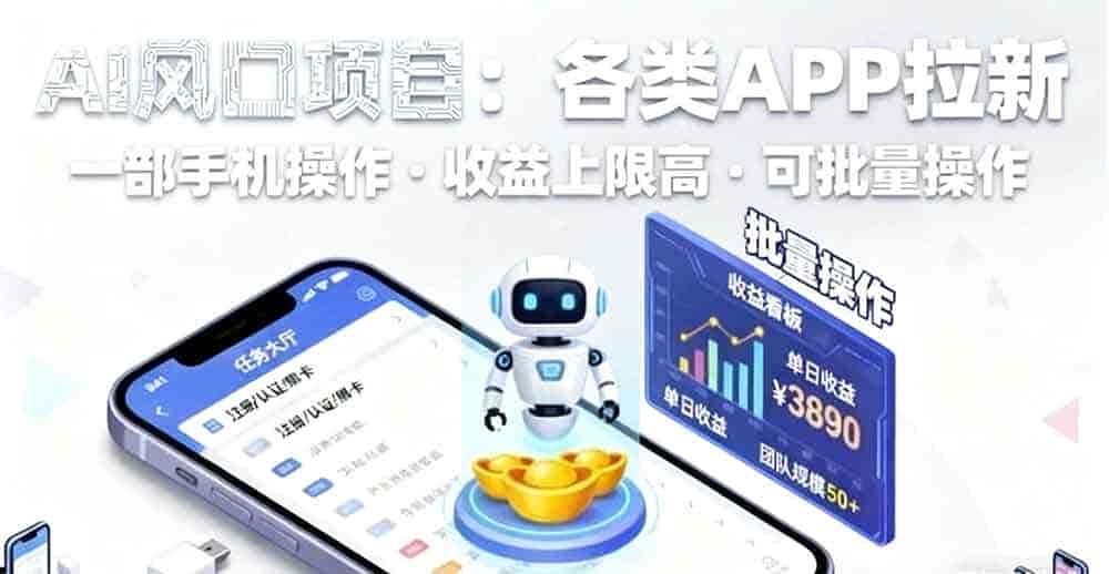 AI风口项目，各类APP拉新，一部手机就可以操作，收益上限高，可批量操作